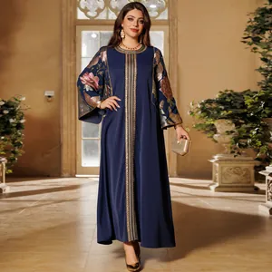 Elegant navy blue maxi dress with exquisite floral sequin embroidery and gold trim detail