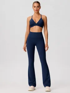 Dames Effen Kleur Yoga-set Geborstelde Sport-BH En Hoge Taille Flare Broek Top En Bottom Workout Activewear Fitness Outfit