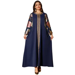 Elegant navy blue long dress with sequin floral embroidery and golden trim details.