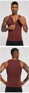 Front and back views of a men's brown compression gym vest with a front zipper detail