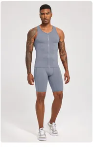 Men's grey compression fitness set with zippered vest and athletic shorts