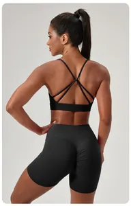 Detailed back view of a black yoga set with a cross-strap bra and scrunch shorts