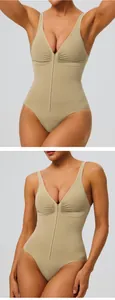 Close-up detail of seamless shapewear bodysuit with front zipper and gathered bust