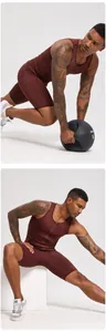 Men's compression gym set in maroon with zippered tank and quick-dry sports shorts