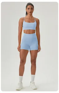 Full view of light blue yoga set featuring square neck bra and high-waisted shorts