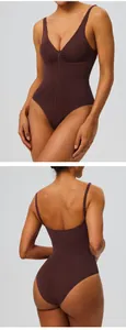 Close-up detail of seamless brown bodysuit with front zipper and adjustable straps