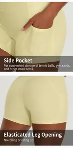 Detail view of yellow yoga shorts showing functional side pockets and fitted leg opening