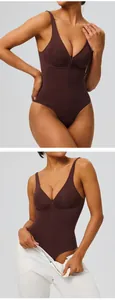 Detailed view of seamless brown bodysuit with front zipper for tummy control.