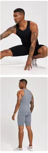 Men's high-compression fitness suit with zippered tank top and shorts detail view