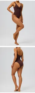 Detailed front and back views of a chocolate brown seamless tummy control bodysuit.