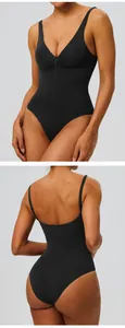 Front and back detail of a black seamless shapewear bodysuit with zipper front