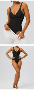 Close-up detail of black seamless shapewear bodysuit with front zipper and tummy control