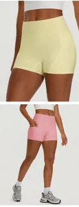 Detail view showing high-waist yoga shorts with side pockets in soft yellow and pink tones.