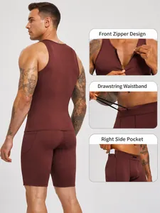 Men's compression fitness suit with front zipper tank top and quick-dry sports shorts set
