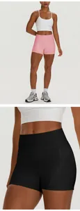 Detailed view showing the side pocket and high-waist fit of women's yoga shorts