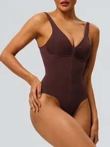 Seamless slimming bodysuit shapewear with front zipper and ruched bust detailing