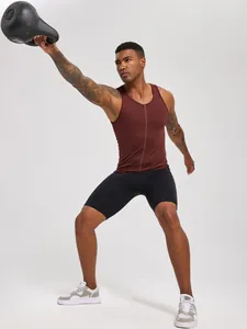 Men's burgundy compression fitness tank top with front zipper for running and workout
