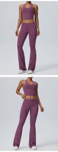 Detailansicht des lila Yoga-Schlaghosen-Sets mit stilvollem Umschlagbund für Sport