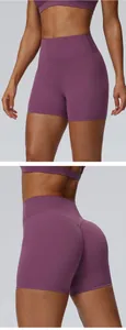 Detailed view of the purple high-waisted workout yoga shorts with scrunch butt lifting design