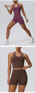 Two-piece yoga set with halter neck sports bra and high-waist shorts for women