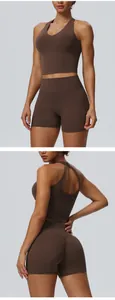 Front and back detail of a brown 2-piece yoga set with crop top and lifting shorts