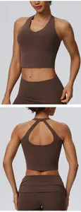 Detailed macro view of the brown athletic yoga set showing front and back designs.