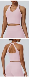 Vorder- und Rückansicht eines rosa Halter-Yoga-Sportweste mit atmungsaktivem Design.
