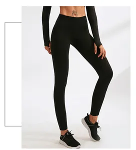 Close-up of women's black high-waisted fleece-lined sports leggings and long-sleeve top