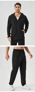 Détails d'un ensemble de sport noir coupe-vent pour homme avec sweat à capuche et pantalon