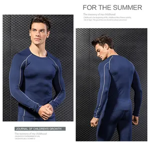 Professional men's navy blue long-sleeve compression sports suit with quick-dry fabric