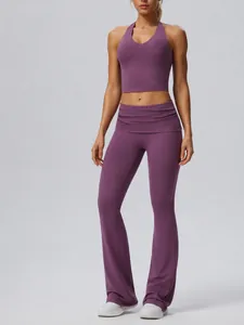Ensemble de Yoga Licou Dos Nu pour Femmes Bas Évasé Taille Haute Deux Pièces Activewear Course Fitness Sport Nylon Élasthanne Slim Fit