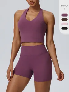 Women Athletic Yoga Set Nylon Spandex Padded Vest Top And High Waist Scrunch Butt Shorts Gym Sportswear Sport Suit