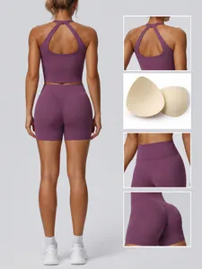 Purple 2-piece yoga set with hollow back tank top and high-waist shorts