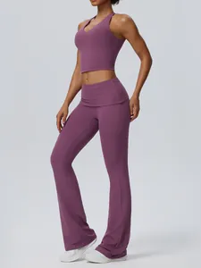 Ensemble professionnel de soutien-gorge de sport licou violet et legging de yoga évasé