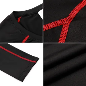 Close-up of red flatlock stitching on black men's compression quick-dry sport shirt
