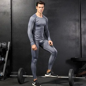 Men's grey quick-dry compression suit for gym training, fitness sports and exercise