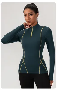 Dames slim fit yoga top met halve rits en contraststiksels voor hardlopen fitness