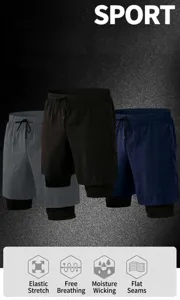 Detail view of men's 2-in-1 athletic shorts in three colors with performance features