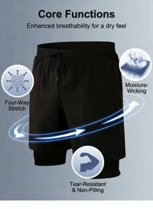 Close-up detail of breathable 2-in-1 men's fitness shorts with quick-dry fabric