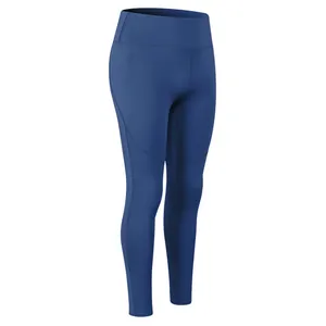 High-waist blue yoga leggings for women, seamless athletic compression pants for gym running