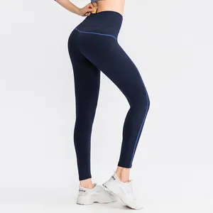 Women's professional high waisted navy blue yoga leggings with contrast stitching