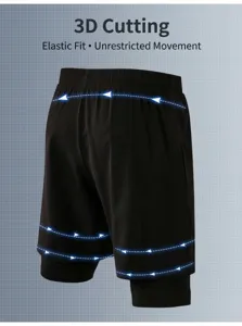 Detail view of men's 2-in-1 quick-dry sports shorts featuring an ergonomic 3D elastic cut.