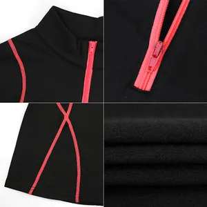 Close-up details van een fleecegevoerde yoga-top voor dames met halve rits en zachte binnenkant