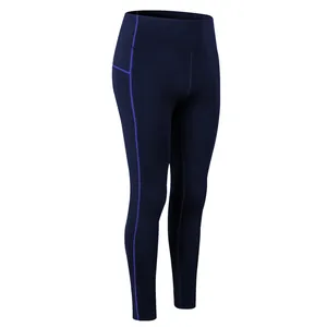 High waist navy blue fleece yoga leggings with purple stitching for women's fitness