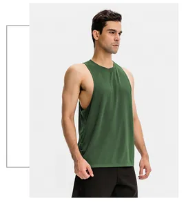 Men's forest green loose fit sleeveless sports tank top for fitness training on model
