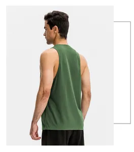 Rear view of a men's green breathable sports tank top designed for gym and fitness training