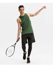 Detail view of men's breathable green sports tank top in a dynamic athletic pose