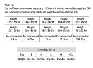 Size chart and weight table for men's double-layer fitness shorts