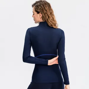 Slim fit donkerblauwe yoga-top met lange mouwen voor dames met fleecevoering en rits