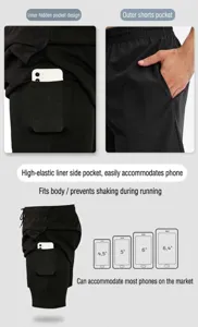 Detailed view of men's 2-in-1 running shorts highlighting inner compression phone pocket